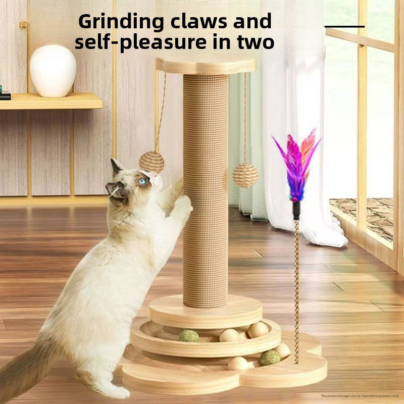 Cat using a wooden scratching post with toys in a home setting