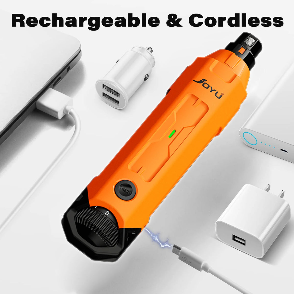 Orange cordless tool with charging accessories on a white background, featuring the brand 'Joyu'.