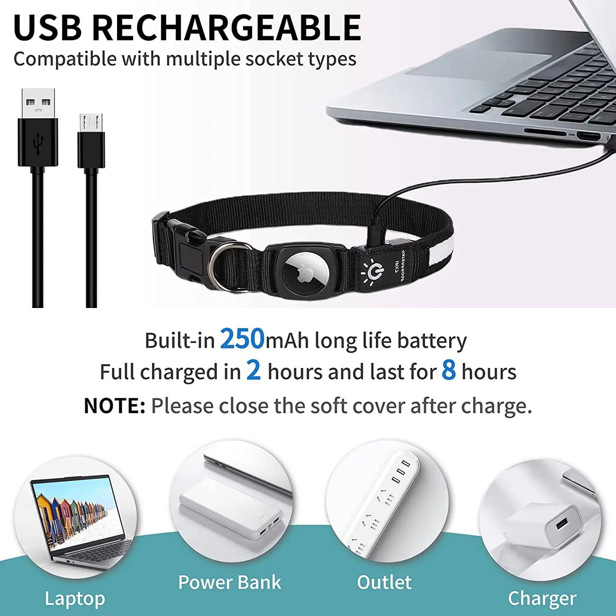 Waterproof LED AirTag Dog CollarUSB Chargeable for Airtag no Airtag included Pawnests