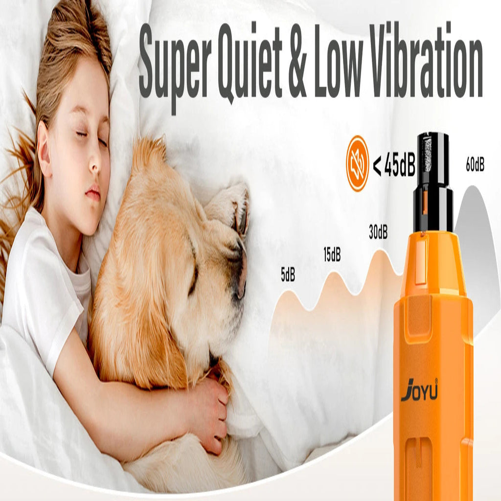 Child and dog lying down with a product labeled 'Super Quiet & Low Vibration' on a white background.