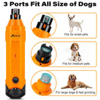 Orange dog nail grinder with size guide for small, medium, and large dogs on a white background.