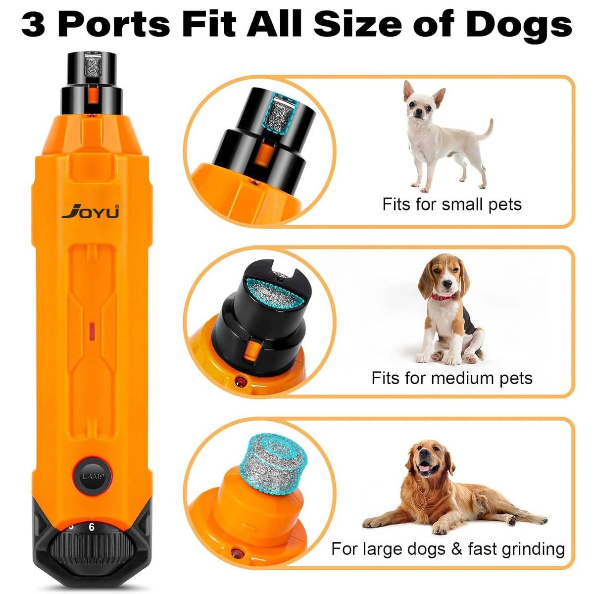 Orange dog nail grinder with size guide for small, medium, and large dogs on a white background.