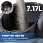 Cat litter box with cat stretching inside, labeled 7.17L, perfect for big cats.