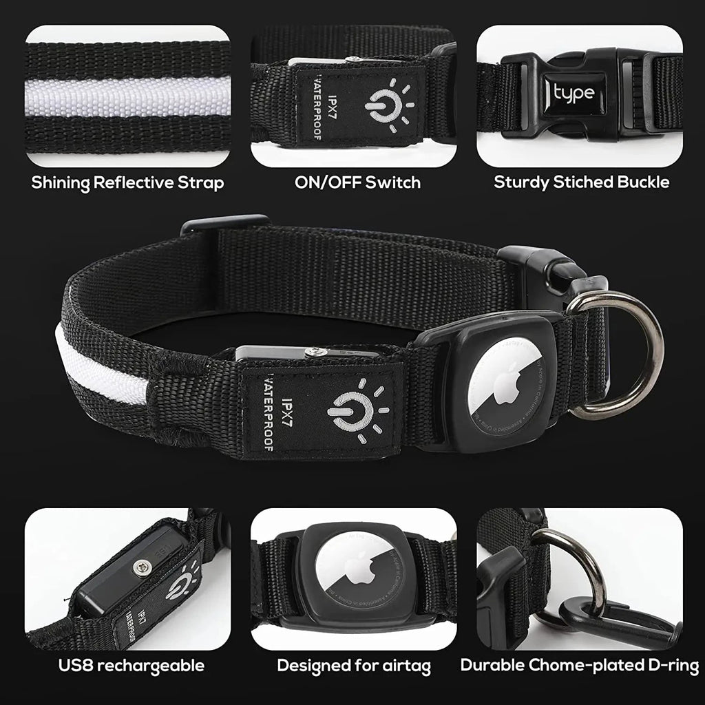 Waterproof LED AirTag Dog CollarUSB Chargeable for Airtag no Airtag included Pawnests