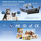 Advertisement for an electronic training collar with dogs and certification logos on a blue background