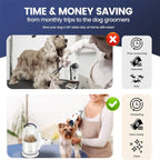 Comparison of grooming a dog at home versus a professional salon with text about time and money savings.