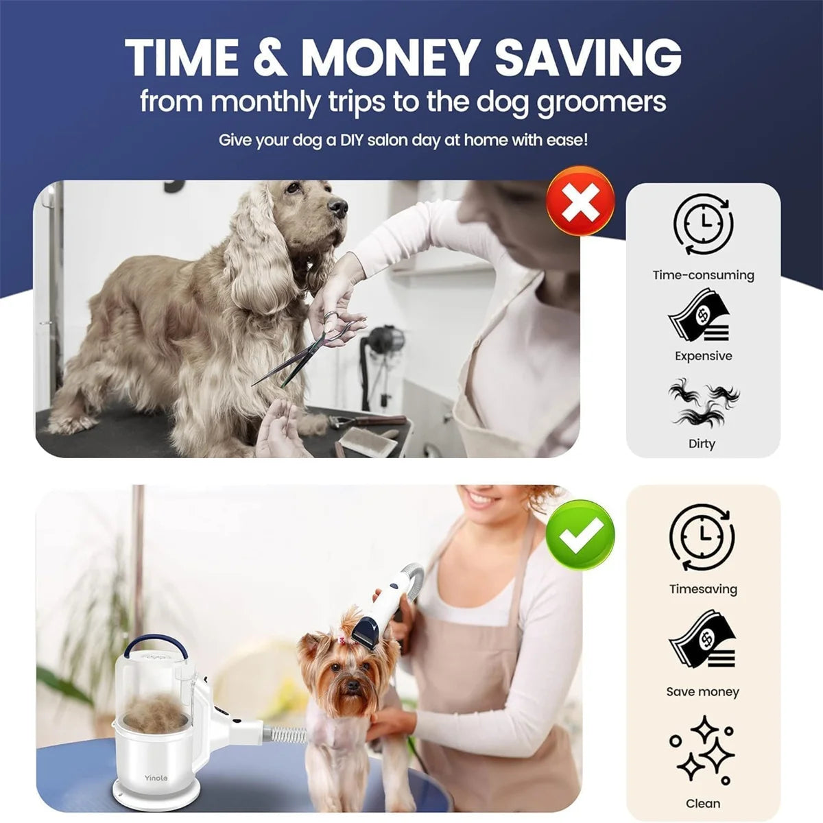 Comparison of grooming a dog at home versus a professional salon with text about time and money savings.