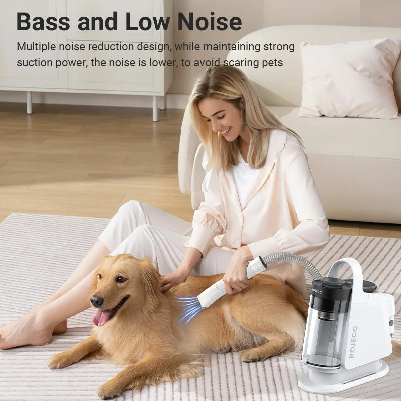 Woman grooming a dog with a pet grooming tool in a living room setting