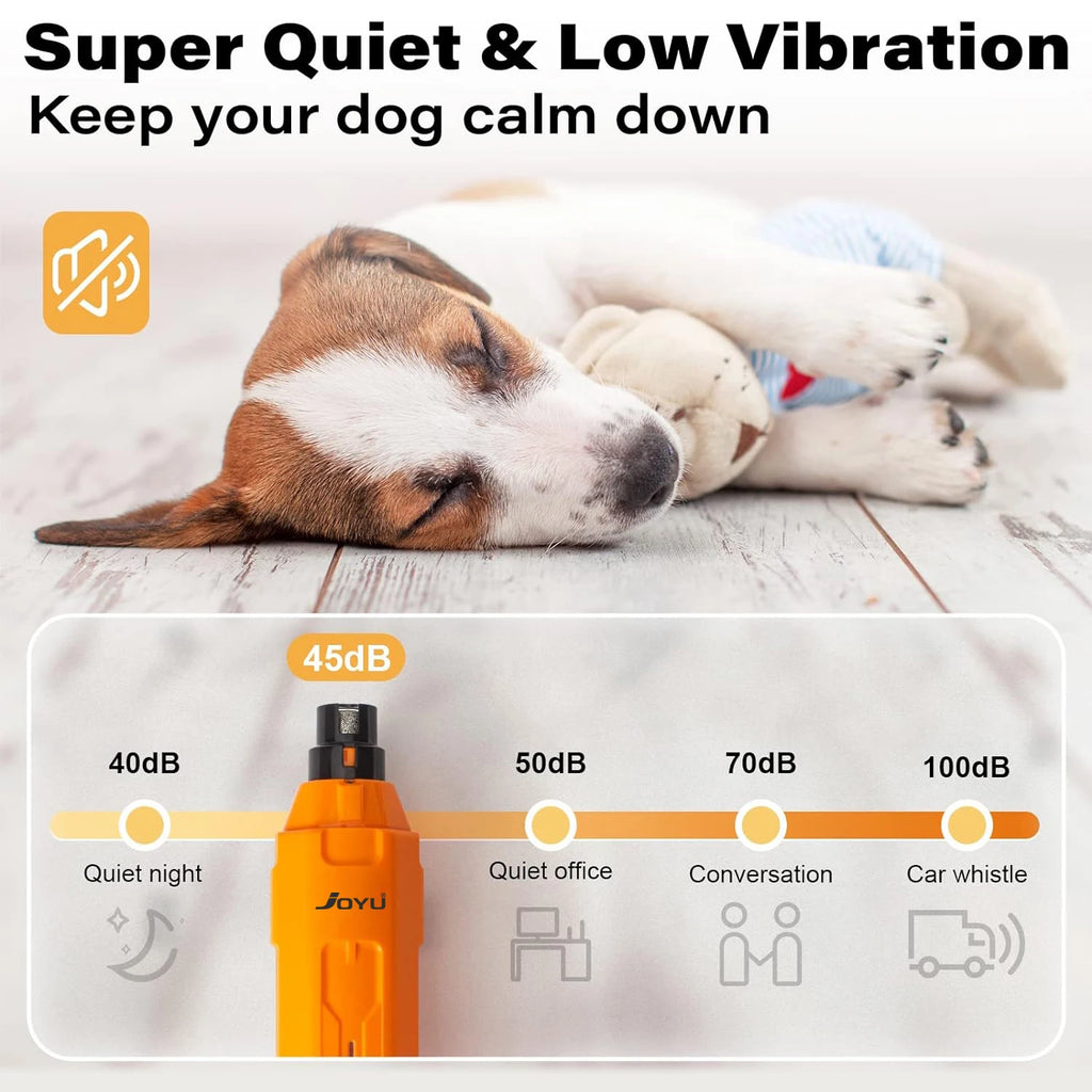 Dog lying down with a product labeled 'Super Quiet & Low Vibration' on a light background