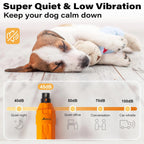 Dog lying down with a product labeled 'Super Quiet & Low Vibration' on a light background