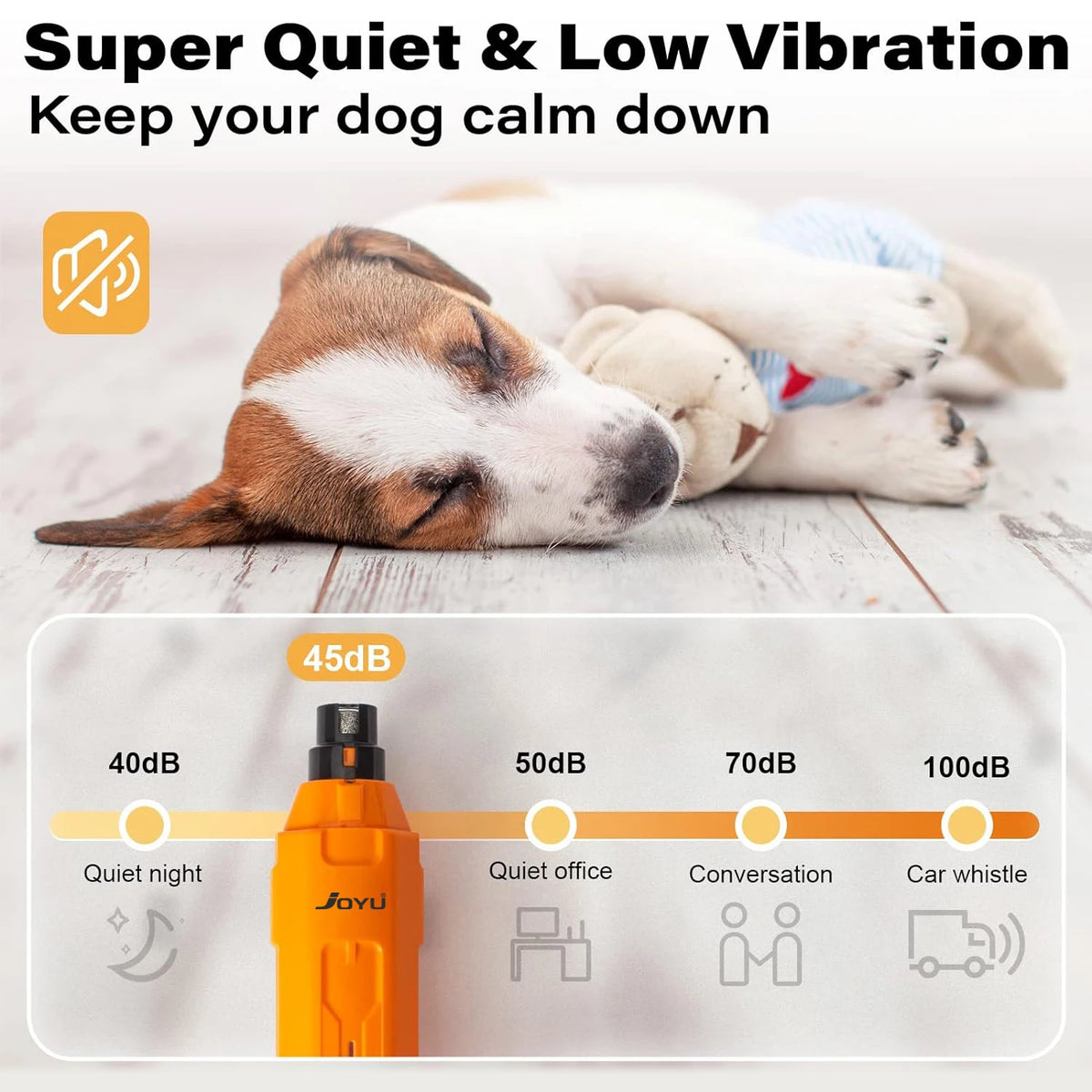 Dog lying down with a product labeled 'Super Quiet & Low Vibration' on a light background