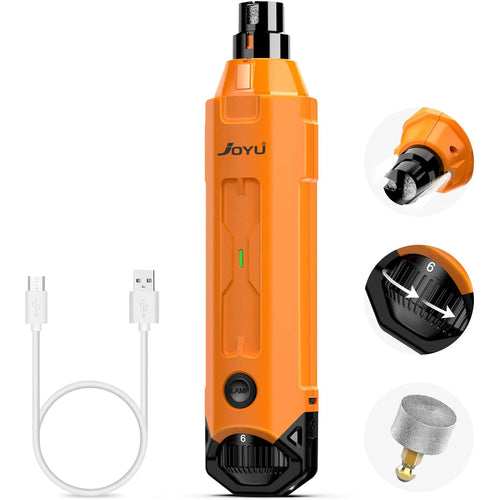 Orange rotary tool with attachments on a white background