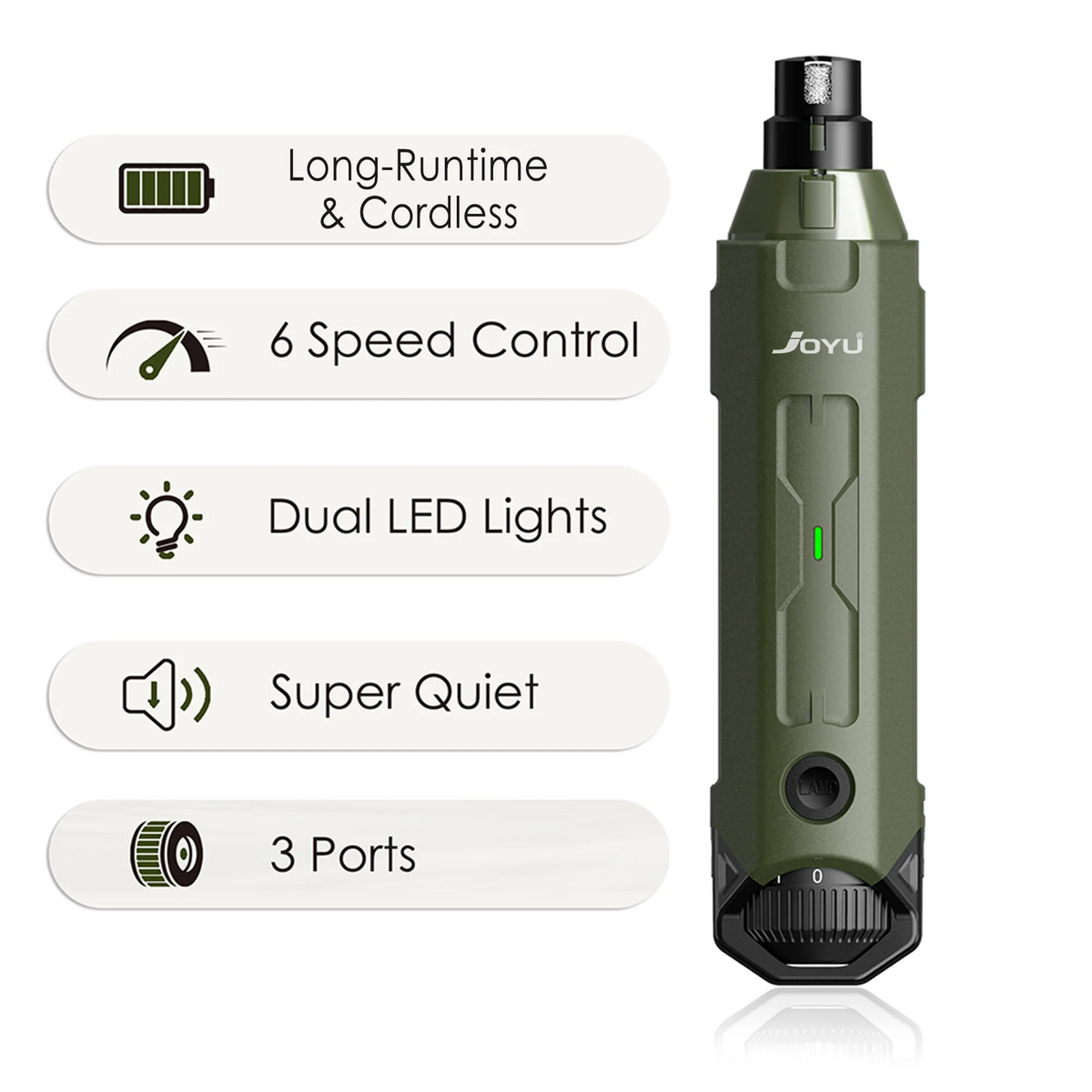 Green electric trimmer with features listed on a white background