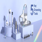 Five pet grooming tools on a light blue background with '5 Pet Grooming Tools' text.