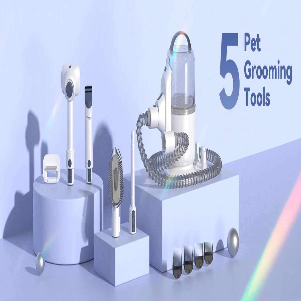 Five pet grooming tools on a light blue background with '5 Pet Grooming Tools' text.