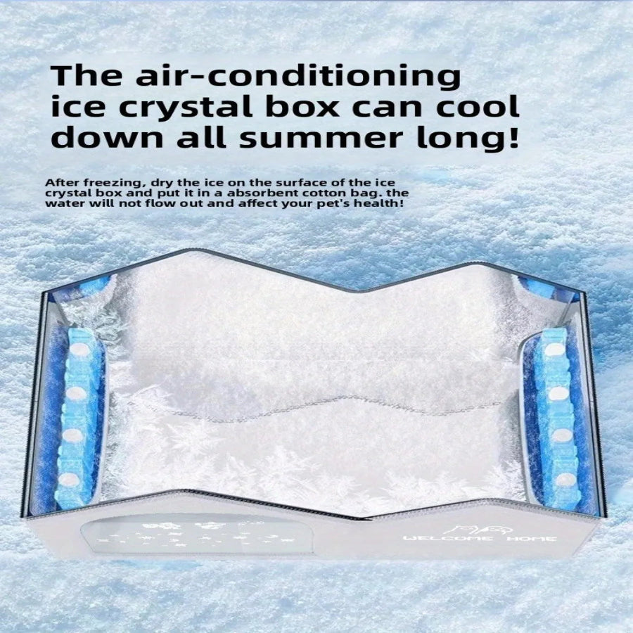 Ice crystal box for cooling with text on a blue background