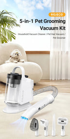 5-in-1 Pet Grooming Vacuum Kit with ROJECCO branding on a light background
