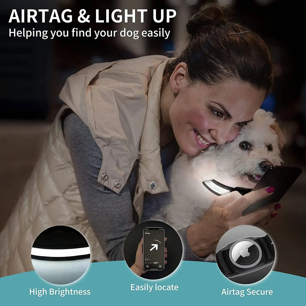 Waterproof LED AirTag Dog CollarUSB Chargeable for Airtag no Airtag included Pawnests
