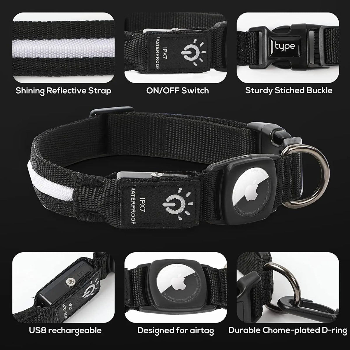 Waterproof LED AirTag Dog CollarUSB Chargeable for Airtag no Airtag included Pawnests