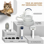 Pet grooming tool set with a cat, vacuum device, cleaning brushes, crevice tool, hair trimmer, and de-shedding brush on a gray background.