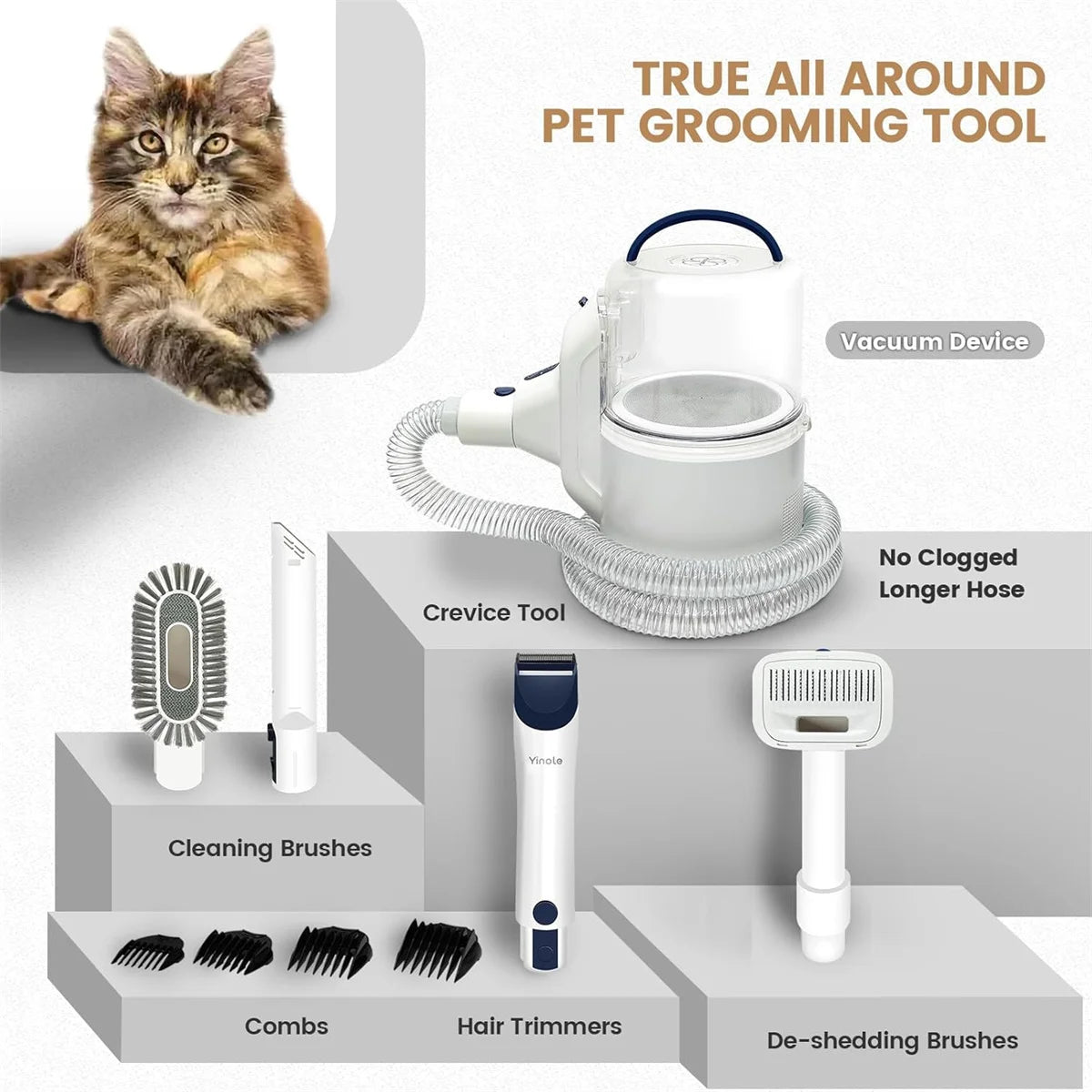 Pet grooming tool set with a cat, vacuum device, cleaning brushes, crevice tool, hair trimmer, and de-shedding brush on a gray background.