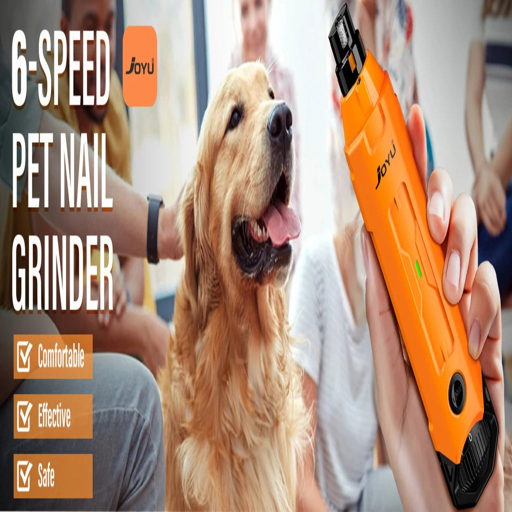 Dog with a 6-speed pet nail grinder held by a person, with 'Joyu' branding visible.