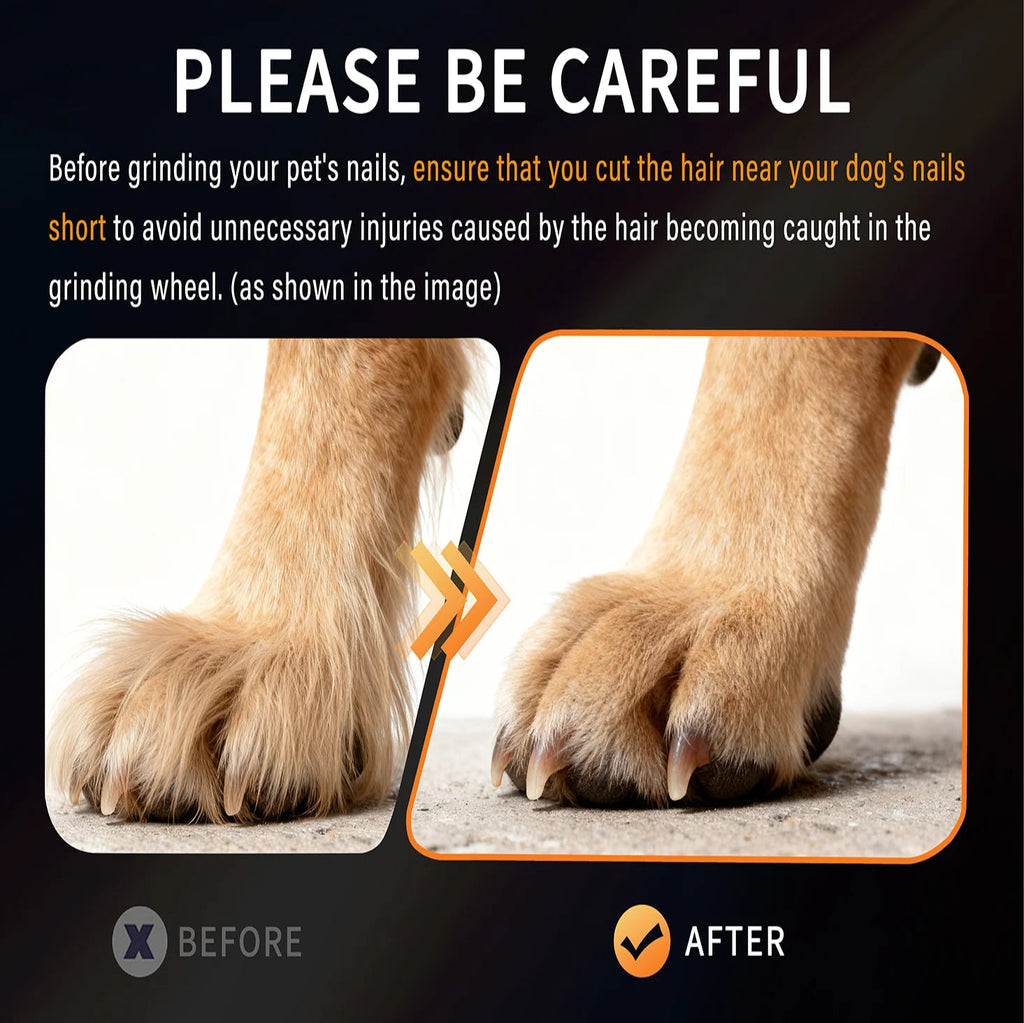 Before and after comparison of a dog's paw with grooming advice on a dark background