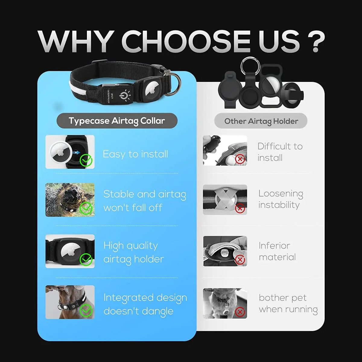 Waterproof LED AirTag Dog CollarUSB Chargeable for Airtag no Airtag included Pawnests