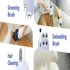Dog grooming tools including a brush, cleaning brush, and deshedding brush with images of a dog being groomed.