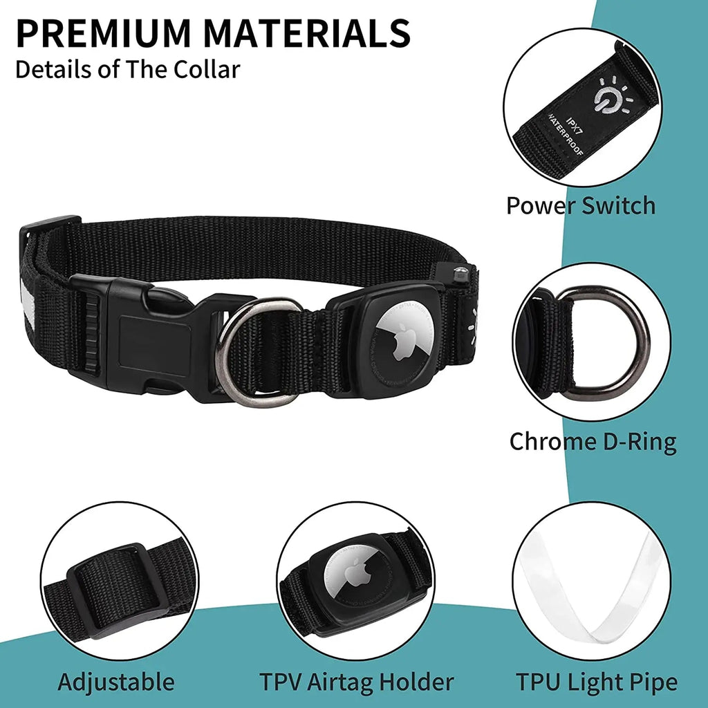 Waterproof LED AirTag Dog CollarUSB Chargeable for Airtag no Airtag included Pawnests