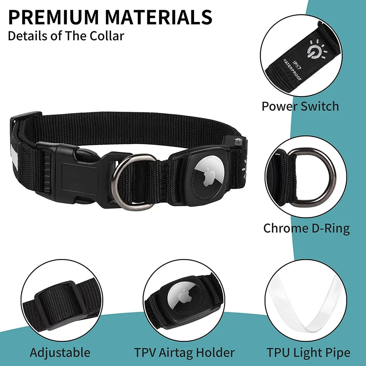 Waterproof LED AirTag Dog CollarUSB Chargeable for Airtag no Airtag included Pawnests