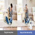 Woman sitting on a rug with a dog, with text 'Flying hair everywhere' and 'Keep your home clean and tidy'.