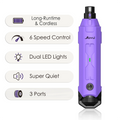 Purple grooming tool with features listed on a white background