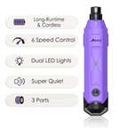 Purple grooming tool with features listed on a white background