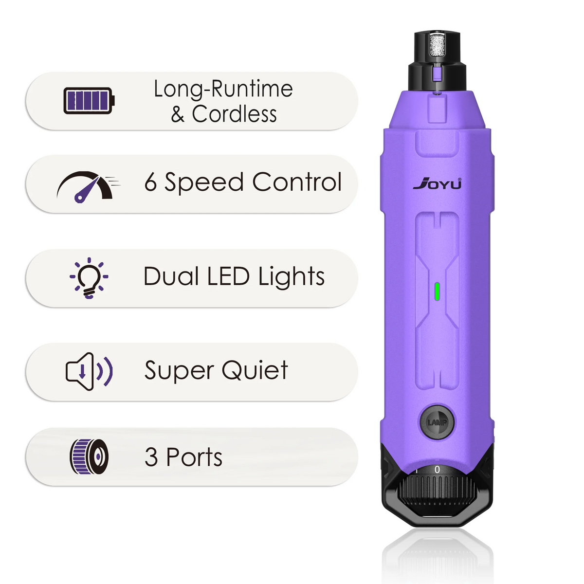 Purple grooming tool with features listed on a white background