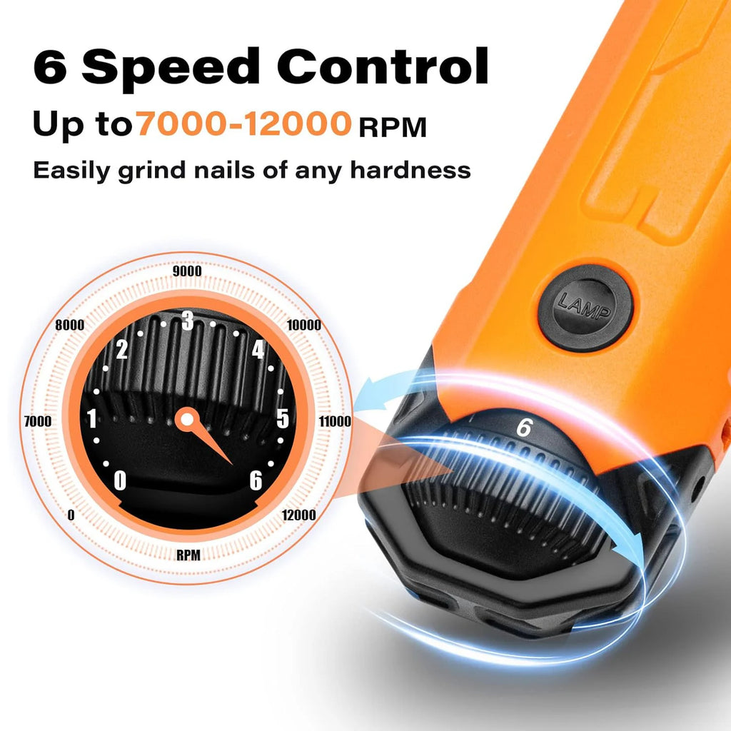 Orange nail grinder with speed control dial on a white background