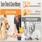 Comparison chart showing the benefits of grooming at home versus visiting a groomer, with images of a dog being groomed at home and a dog being groomed by a professional.