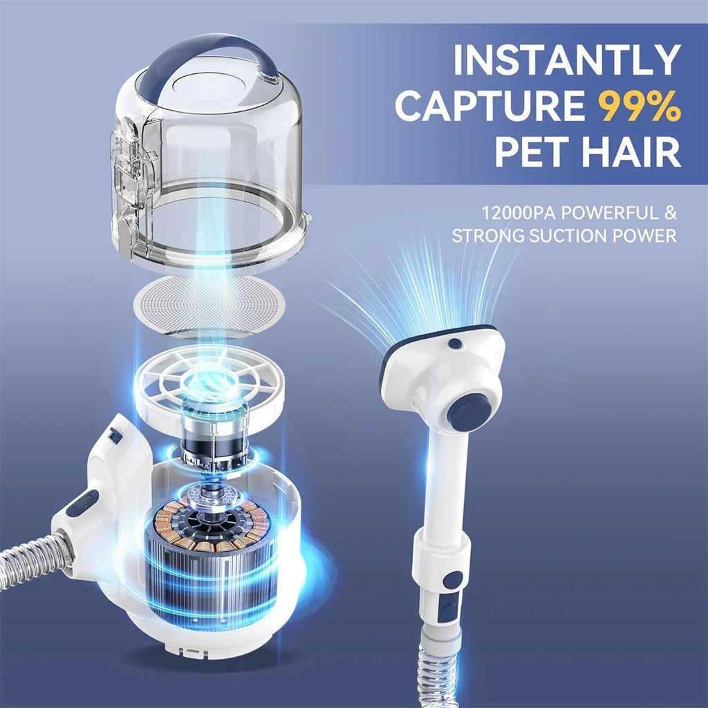 Pet hair removal device with text highlighting its effectiveness and suction power on a blue background