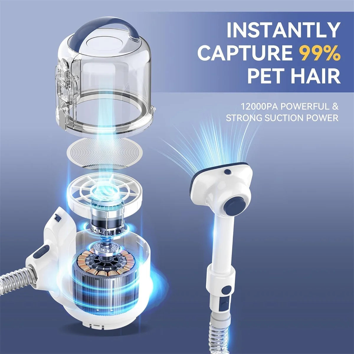 Pet hair removal device with text highlighting its effectiveness and suction power on a blue background