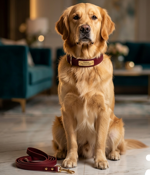Golden retriever sitting on a marble floor with a leash in a modern living room, featuring the Pawnest logo.