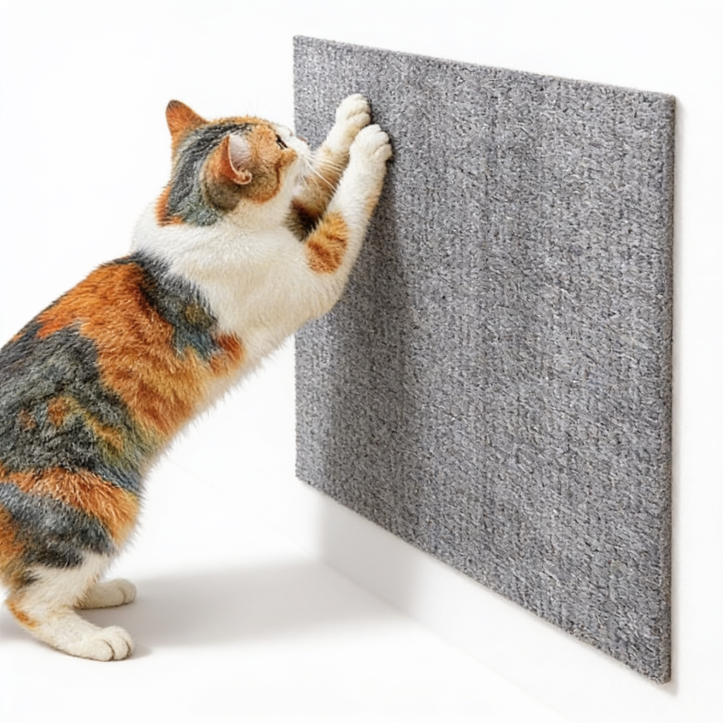 Self-adhesive cat scratch wall protector panel on white background