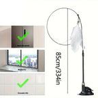 White feather cat teaser toy standing 85 cm tall on a suction-cup base, with suitable surfaces | Pawnests