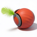 Rolling chug ball cat toy with feather attachment on white background