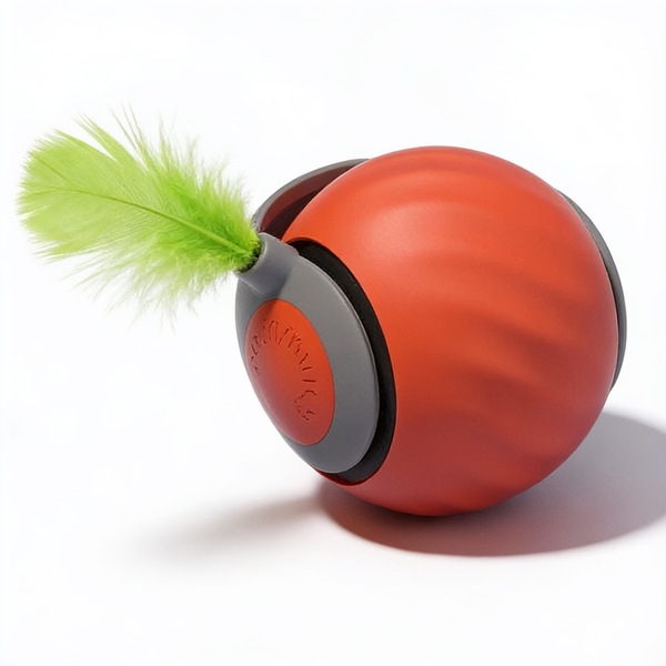 Rolling chug ball cat toy with feather attachment on white background