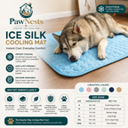 Dog lying on a blue ice silk cooling mat with PawNests branding and product details.