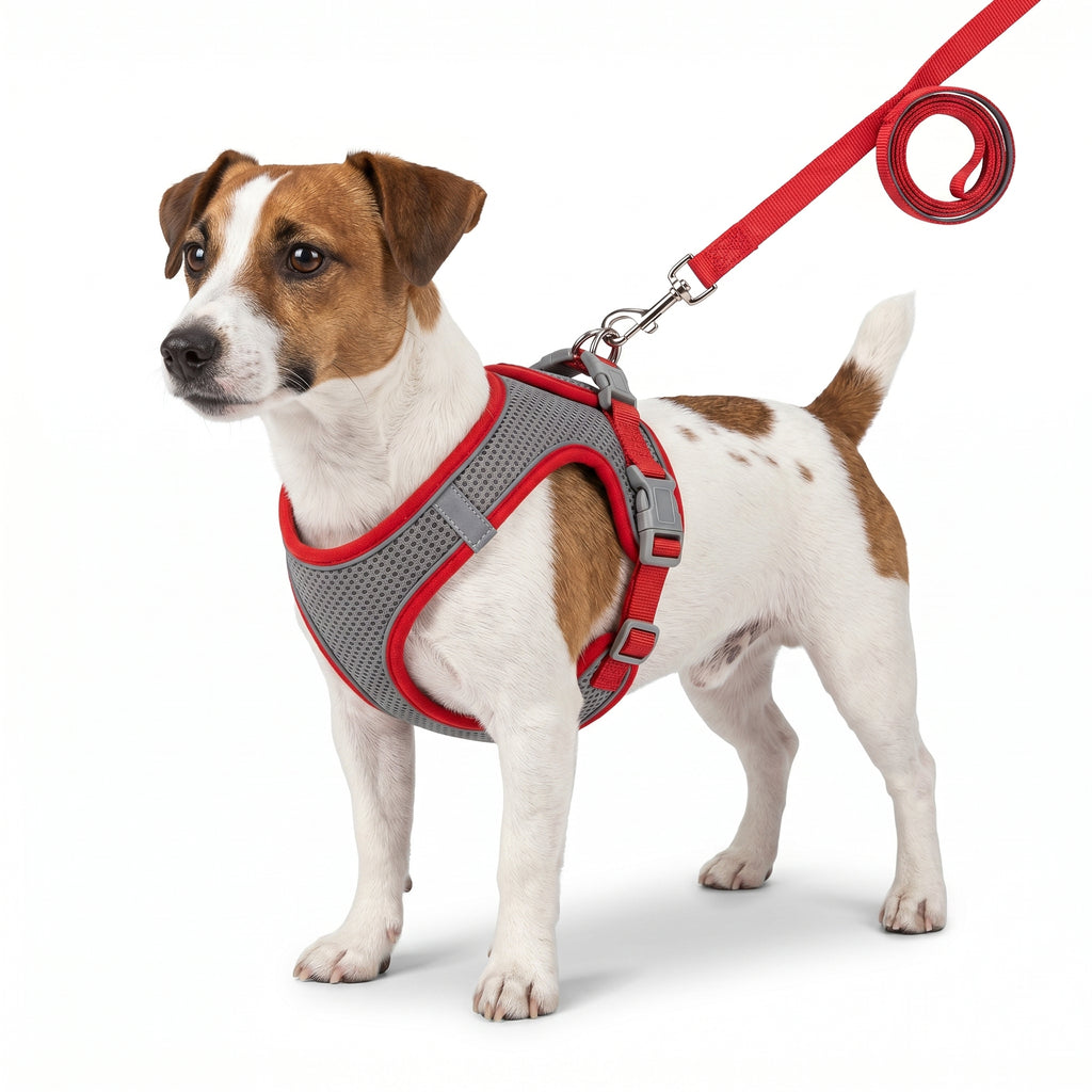 Small dog wearing a red and grey reflective no-pull mesh dog harness with matching leash on a white background