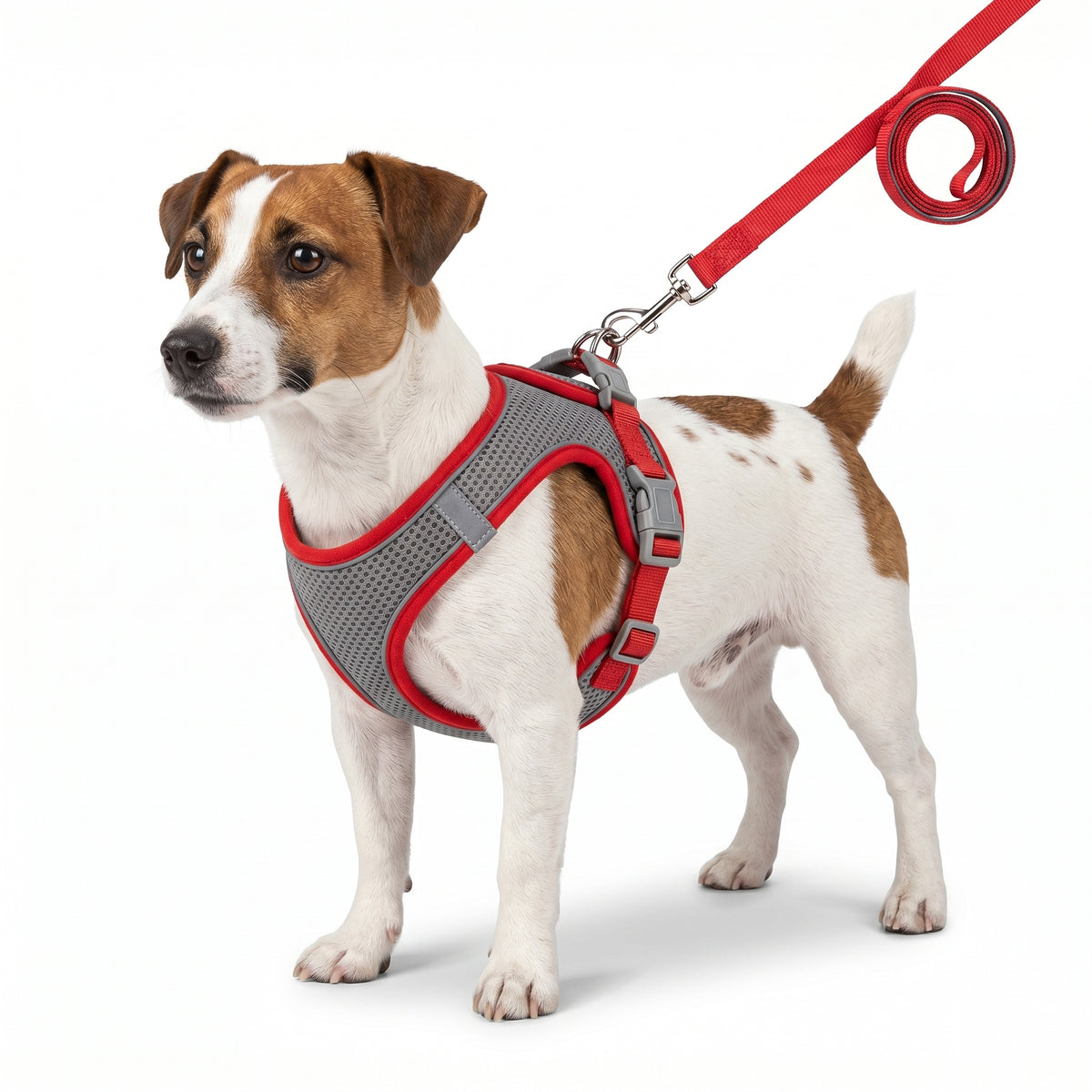 Small dog wearing a red and grey reflective no-pull mesh dog harness with matching leash on a white background