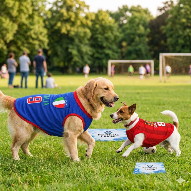 Two dogs wearing colorful shirts on a grassy field with people and soccer goals in the background.