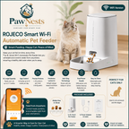 PawNests ROJECO Smart Wi-Fi Automatic Pet Feeder with a cat on a wooden floor.