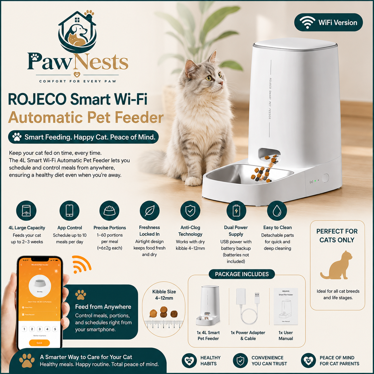 PawNests ROJECO Smart Wi-Fi Automatic Pet Feeder with a cat on a wooden floor.